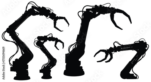Silhouette of industrial robotic arms with mechanical claws for automation and manufacturing processes vector