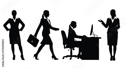 Silhouette of professional businesswomen in various poses representing corporate activity and success vector