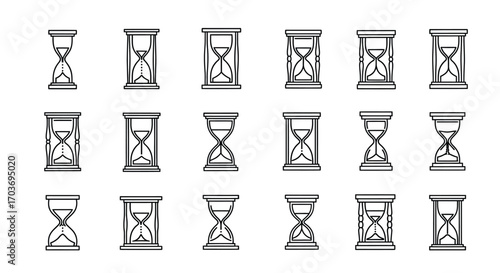 Collection of hand drawn hourglass icons symbolizing time passing and measurement vector