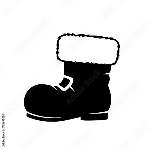 Black silhouette of a santa boot with fur trim isolated on white background