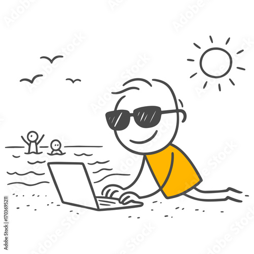 Stick figures. An illustration symbolizing remote work experience using technology by the seaside.