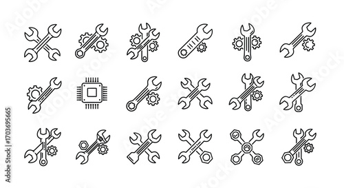 Collection of wrench icons and symbols for mechanical and repair services vector