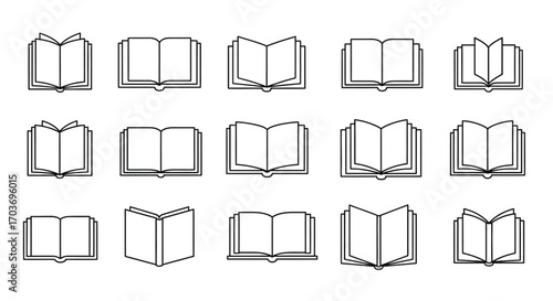 Collection of open books displayed in various angles and positions simple line art vector