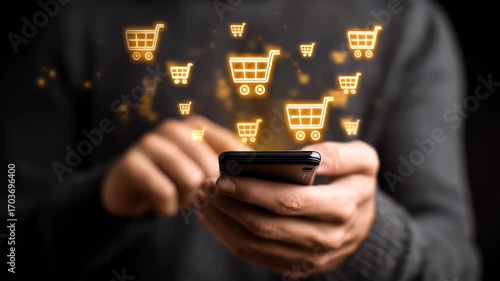 Hands holding a phone with shopping cart icons overlayed