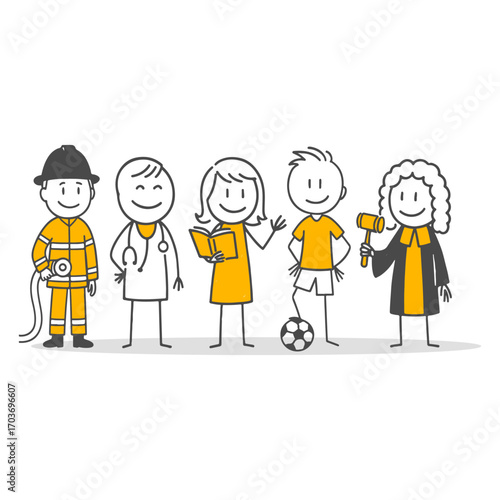 A fun illustration representing diversity and collaboration through characters from different professions.