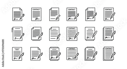 Collection of contract document icons with signature and checkmark symbols hand drawn style vector