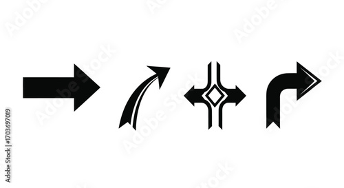 Collection of black arrows pointing in various directions for navigation and directional guidance vector
