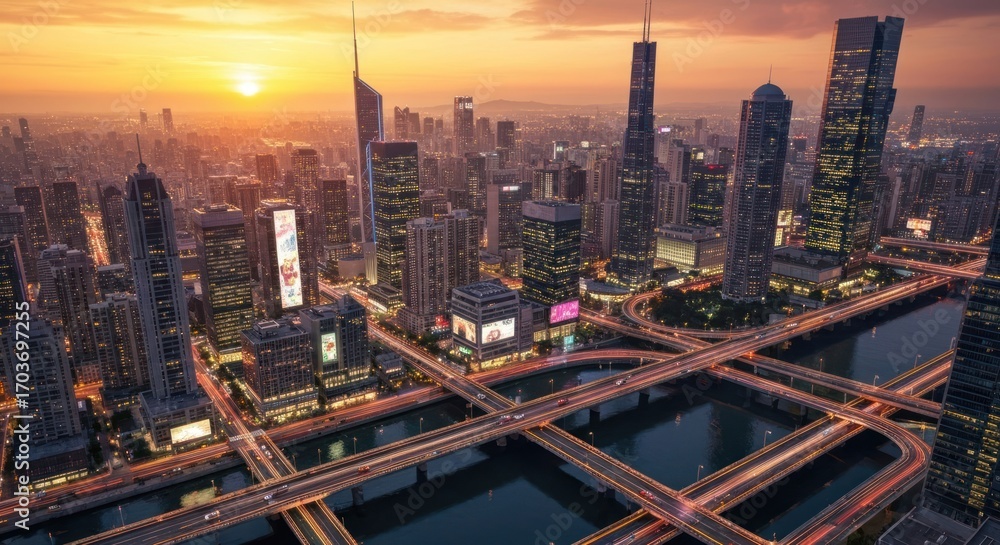 Fototapeta premium Aerial view of a bustling Asian city at sunrise. Modern skyscrapers, illuminated roadways, and a river network crisscrossing the urban landscape are featured in this vibrant cityscape shot