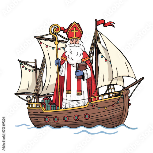 Sinterklaas arriving on a boat. Vector illustration of Dutch winter holiday tradition.