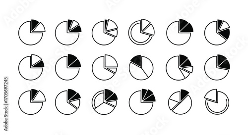 Collection of hand drawn pie chart icons for data analysis and presentation vector