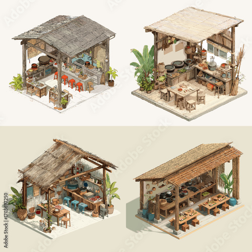 Isometric illustration of rustic outdoor food stalls with wooden roofs, tables, and cooking areas, ideal for traditional culture, dining, and lifestyle projects.