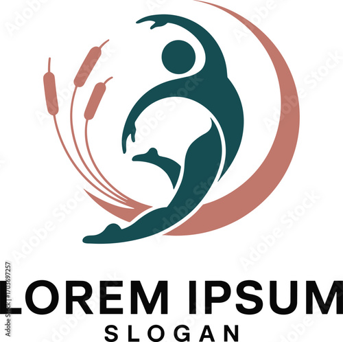 Teal Abstract Human Figure Logo Design with Brown Cattails and Curves vector