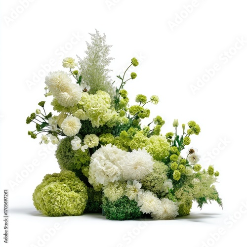 A lush, asymmetrical arrangement of various light green and white flowers and foliage, creating a textured, mound-like form against a stark white background