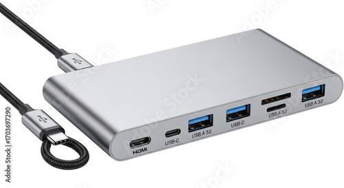 Silver usb c hub with multiple ports isolated on transparent background
