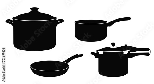 Collection of black silhouettes of cooking pots pans and pressure cooker kitchenware vector