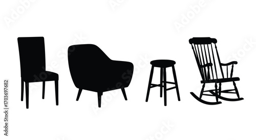 Collection of silhouette chairs including armchair rocking chair and stool isolated on white vector