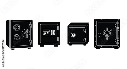 Collection of four diverse security safes featuring different locking mechanisms and designs for valuables protection vector