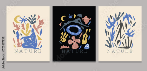 Modern abstract style poster set with nature inspired shapes