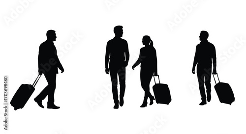 Travelers with luggage silhouettes representing journey and mobility vector