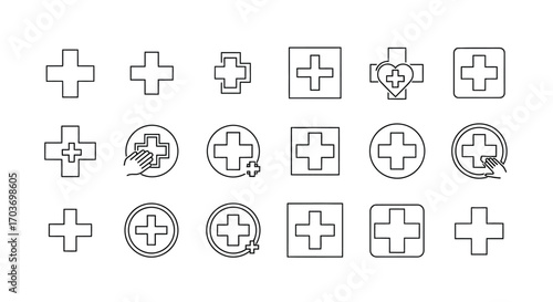 Collection of medical cross icons hand drawn sketch style for healthcare and pharmacy vector