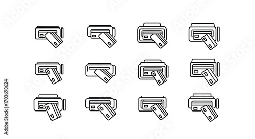 Hand inserting credit card into atm machine slots set icons finance transactions digital payment technology vector