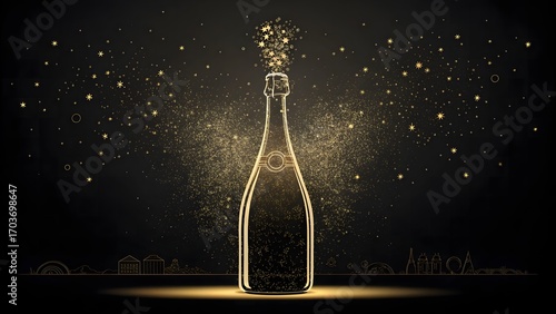 Golden champagne bottle popping with stars for celebration time