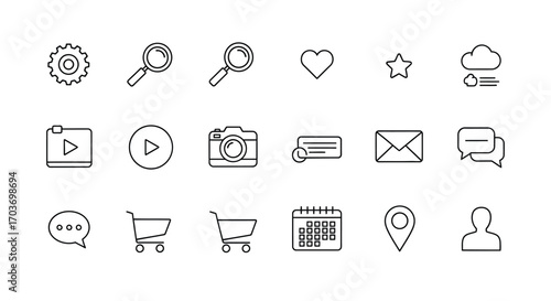 Collection of hand drawn outline icons representing digital communication and business essentials vector