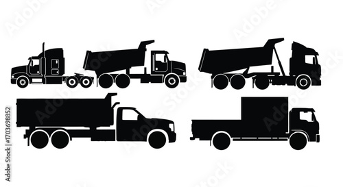 Collection of black silhouette trucks and heavy machinery for transportation and construction services vector