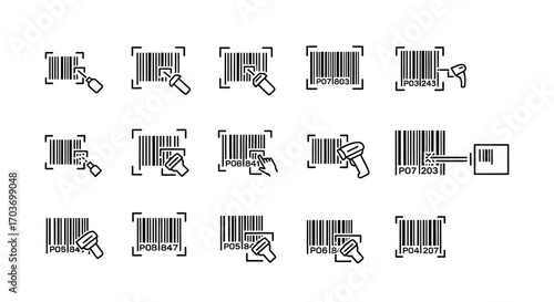Set of hand-drawn barcode icons with stylized scanners and product boxes illustrating retail and logistics vector