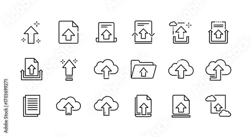 Hand drawn upload icons cloud document folder arrows data transferring symbol collection vector