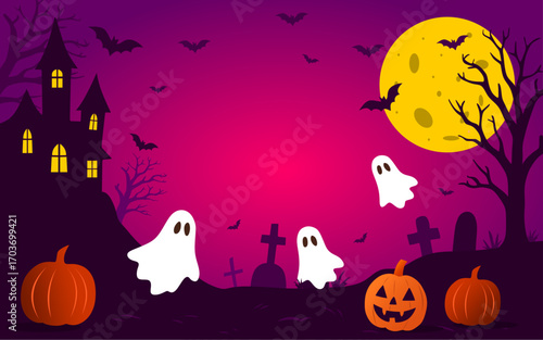 Halloween graveyard scene template. Haunting nightmare halloween background, cartoon horror castle scenery scary ghost at tomb stones grave in dark hill