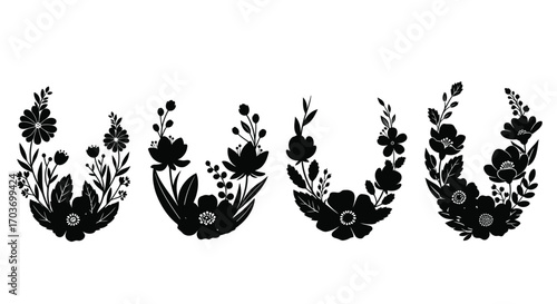Four delicate black floral wreaths with botanicals ideal for decorative design elements vector
