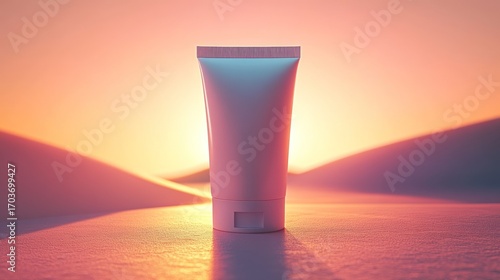 A white tube of skincare product at sunset.  Soft light bathes a simple tube of cream, set on a light surface, in a warm, golden sunset scene