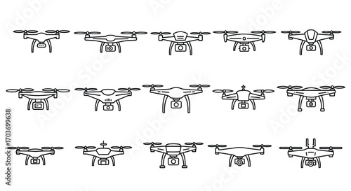 Collection of hand drawn drone icons various angles aerial vehicle technology design elements vector