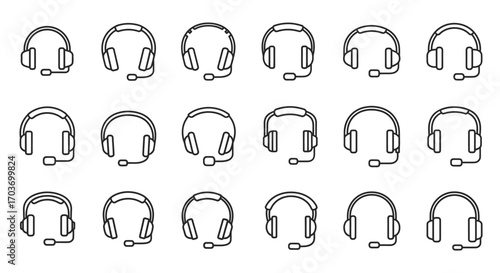 Diverse headset designs collection exploring communication and technology with outline graphics vector