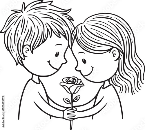 Romantic Illustration of Lovers with Rose: A heartwarming illustration showcases a loving couple tenderly holding a single rose, a visual narrative of love, affection, and companionship.