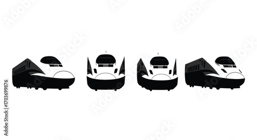 Four futuristic high-speed train fronts in dynamic arrangement on white vector