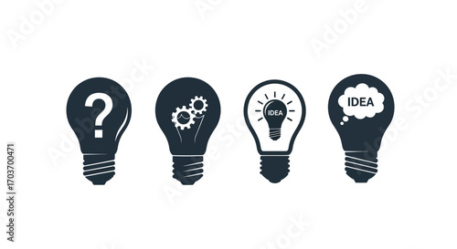 Four lightbulbs representing concepts of questioning problem solving innovation and idea generation vector