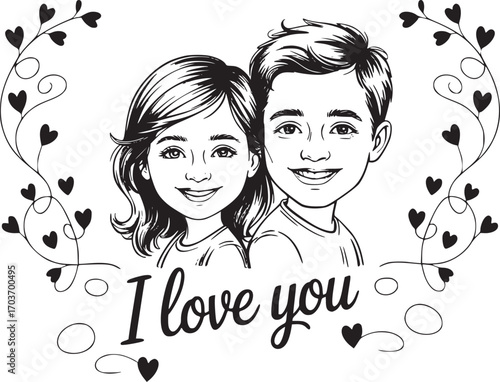 Love's Embrace: A tender cartoon captures the essence of affection. A smiling couple is surrounded by delicate floral and heart details. The romantic inscription proclaims I love you.