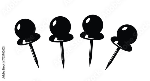 Set of four black push pins with sharp metal needles isolated on white vector