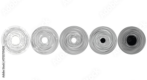 Five circular shapes arranged in a row, progressing from light and open to dark and solid.