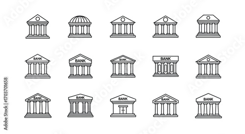 Collection of classic architectural building icons for finance and government institutions vector
