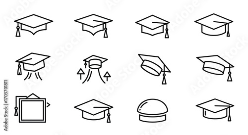 Collection of hand-drawn graduation caps and academic symbols for educational themes vector
