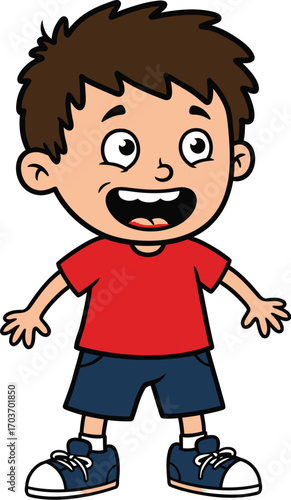 Young Boy Wearing Red Shirt and Blue Shorts	