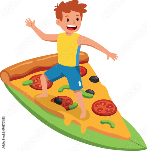 Boy Surfing on a Pizza Slice	