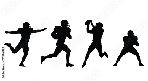 Silhouette collection of american football players in action poses for dynamic sports design vector