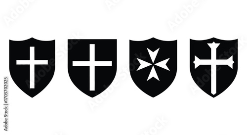 Four black shields displaying different christian cross symbols historical religious heraldry emblematic vector