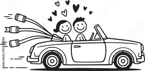 Love on the Road: A charming illustration showcases a joyous couple cruising in a convertible car, hearts floating above them, symbolizing the beginning of a delightful journey together. 