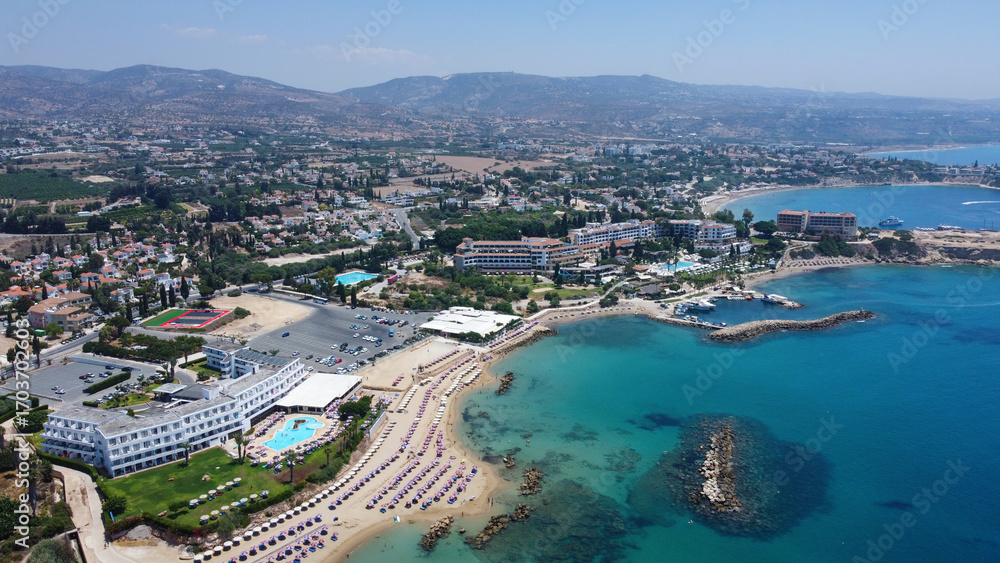 Fototapeta premium Aerial view of Corallia Beach on sunny summer day. Pegeia, Cyprus.