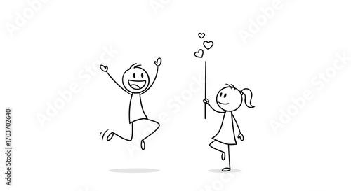 Stick figure man jumps with joy while a stick figure woman holds a wand with floating hearts.